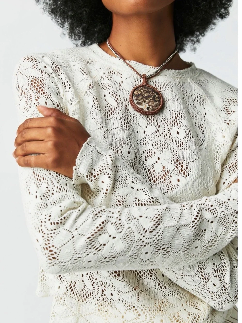 Free People Cream Crochet Long Sleeve Top - In The Meadow Ter